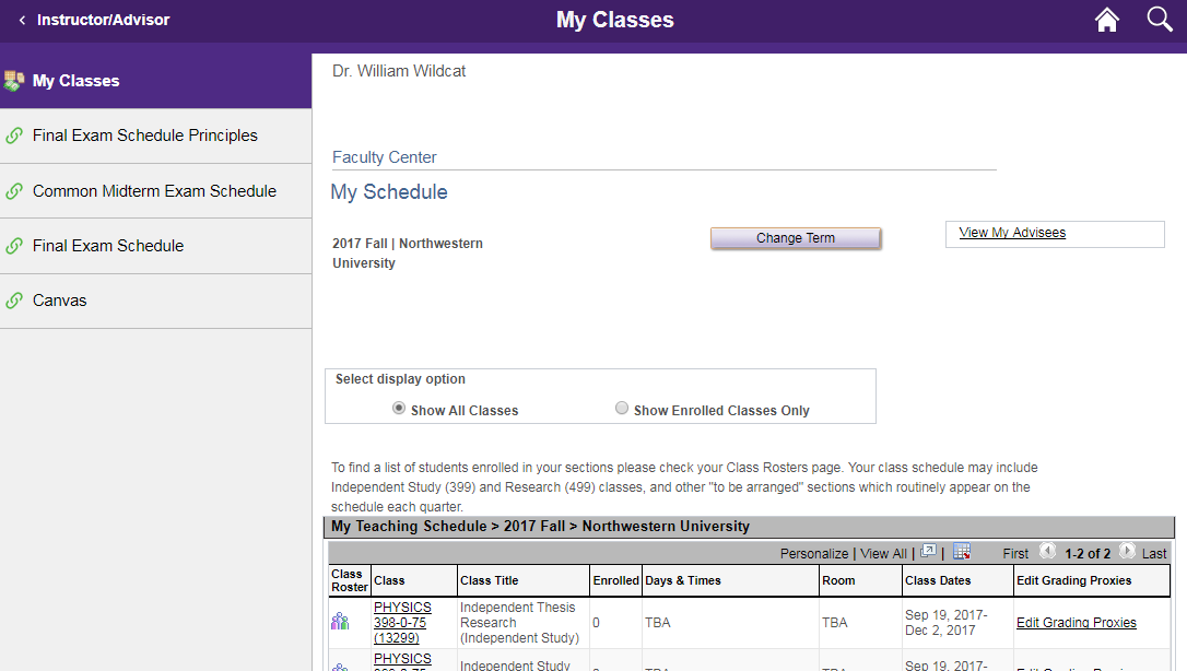 instructor my classes page screenshot